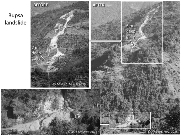 Fig. 10: Cascading processes and impact of the monsoon in Bupsa in 2015. The main gully considerably deepened, and the eroded debris was transported down to Khari Khola junction, hence damaging the new Khari Khola power plant (lower left)