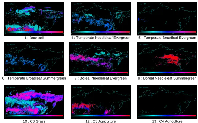 Figure 5. Standard ORCHIDEE PFT maps. The respective fractions of the following nine classes are represented in color scale, from blue (0 %) to red (100 %): bare soil (PFT1), temperate needleleaf evergreen (PFT4), temperate broadleaf evergreen (PFT5), temp