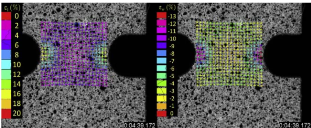 Fig. 12. DIC strain ﬁeld measurement for the TD R0.5 specimen at a macroscopic plastic strain of 16%: strain in the loading direction (left) and in the width direction (right).