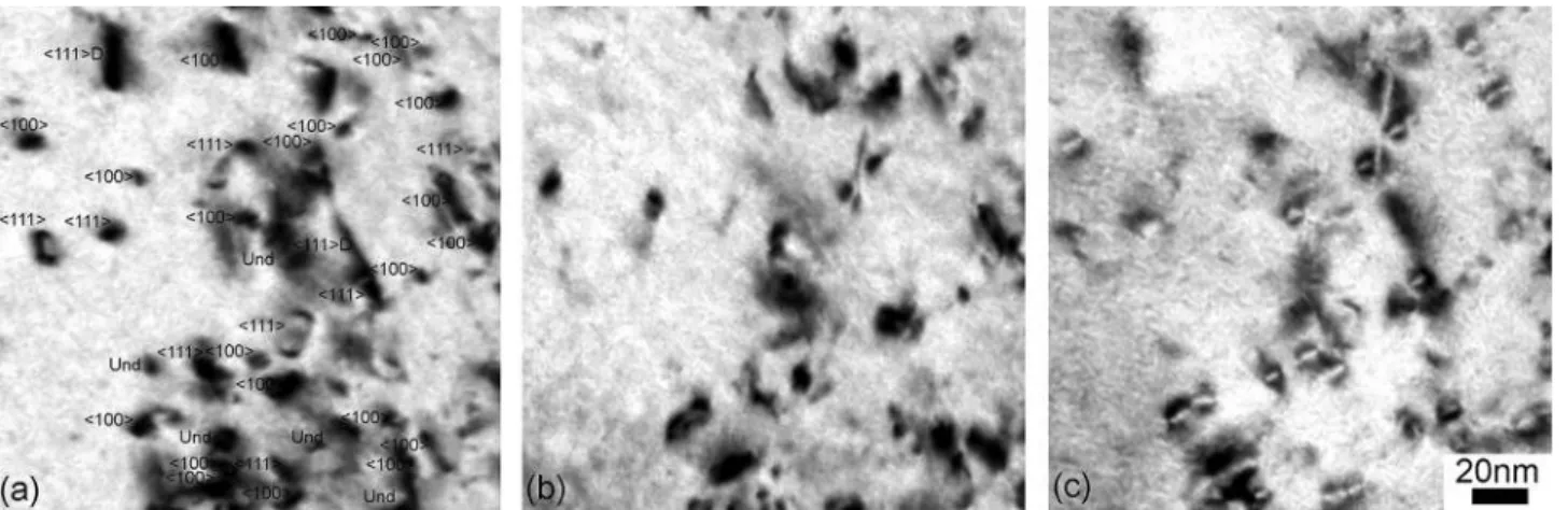 Fig. 3. Microstructures prior to irradiation in both materials. (a) Eurofer-97; (b) ferrite grain in Eurofer-ODS; (c) tempered martensite grain in Eurofer-ODS.