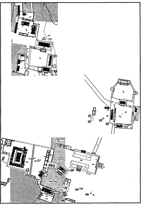 FIG.  7.—Detalles del plano de Sayil (seg ŭ n Sabloff y Tourtellot 1991). Arriba, el conjunto del Mirador, cen- cen-tro, conjtunos ceremoniales-«poligonos» N7506/E5160; abajo, conjuntos del sur, con la cancha de juego y