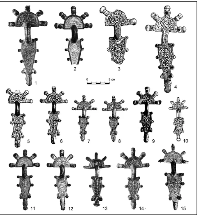 Fig. 1. Archar-Histria fibulae and their derivatives: 1 — Rovine-Sremski Karlovci; 2, 11, 12 — Gigen; 3 — Rusenski  Lom-Krasen; 4 — Histria; 5, 6, 10 — Archar; 7.8 — National Museum of History, Sofia; 9 — Romania; 13 —  Singidunum III, burial 55; 14 — Kerc