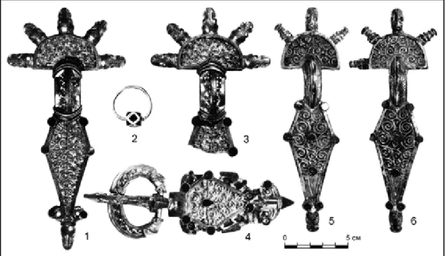 Fig. 4. Finds from Domolospuszta and “Reggio Emilia”: 1—4 — Domolospuszta; 5, 6 — “Reggio Emilia” (after  Bierbrauer 1991: Abb