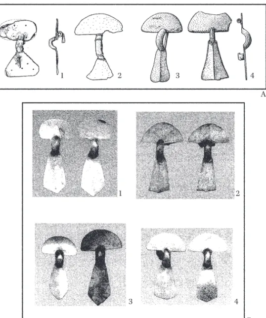 Figure 25.3  Radiate-headed brooches from northern Gaul. А – Brooches from Cholet   and Nijmegen and their probable prototypes: 1 – Burk, Bautzen district;  