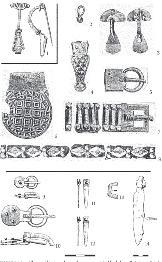 Figure 25.8  Chernyakhiv brooches and some associated finds from Britain: 1 – Saint  Albans, Hertfordshire; 2–8 – Traprain Law, East Lothian; 9–14 – Kingsholm,  Gloucester, Gloucestershire, grave B1 (1, 9–14 after: Böhme 1986b; 2–8 after: 