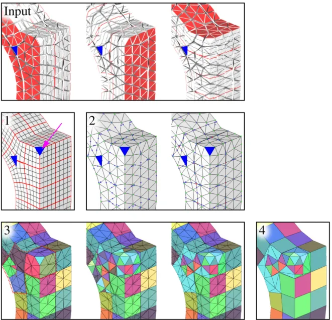 Figure 6: Compute a quad-dominant mesh of the input boundary. (1) Restrict the 3D parameterization to 2D; (2) imprint the integer isovalues of the parameterization into the mesh; (3) (left) regroup facets into charts separated by iso-values ; (middle) rest