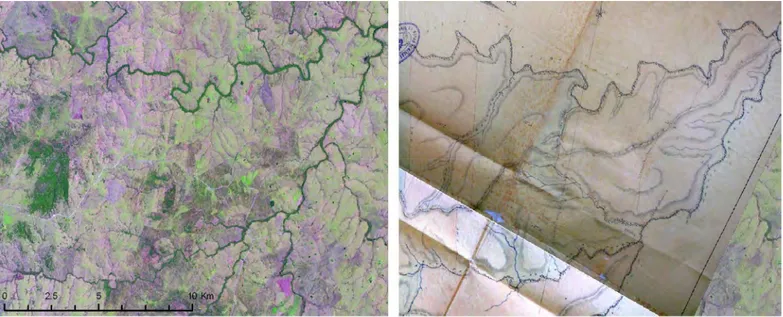 Figura 2. Detalle de la georreferenciación de un plano de agrimensura uruguayo. Fuente: MTOP, plano  n°52882; imagen satelital Landsat 7 TM+, resolución espacial 15m, mayo 2000 (glovis.usgs.gov)