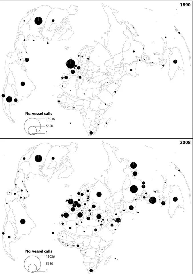 Figure 2 : Nombre d’escales de navires par pays, 1890 et 2008 