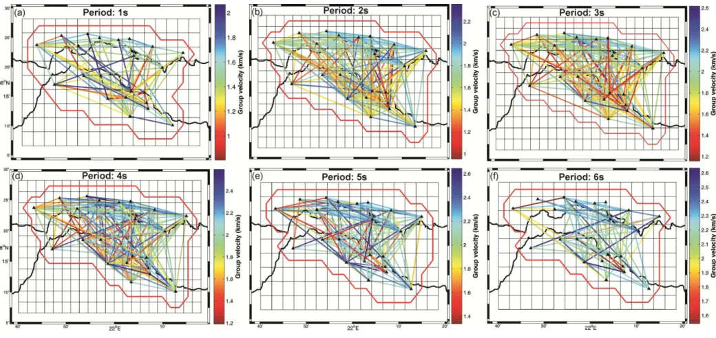 Fig. 6: Rayleigh-wave group velocity measurements and ray-path coverage at 1 s, 2 s, 3 s, 4 s, 5 s and 6 s, respectively