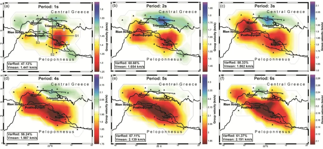 Fig. 8: Rayleigh-wave group velocity maps at 1 s, 2 s, 3 s, 4 s, 5 s and 6 s. Seismic stations are shown as black triangles