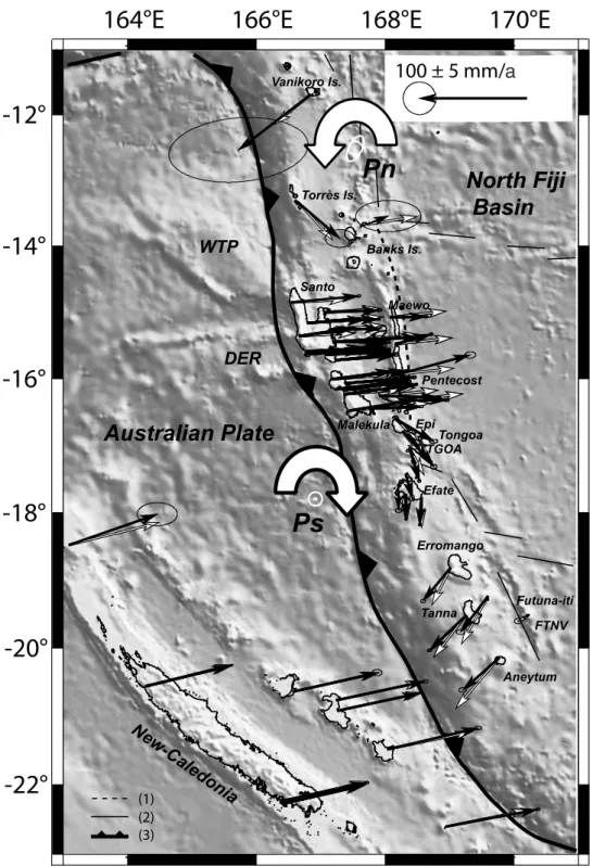 Figure 7. Horizontal interseismic velocities for the VSZ in a Pacific plate (PP)-fixed reference frame, from GPS (black) and modeled block motion (white)