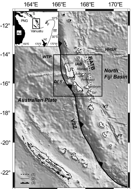 Figure 1. Map of the study area in the southwest Pacific. Dashed line is the back-arc thrust belt (BATB); solid lines are the spreading ridge; bold line is the Vanuatu subduction zone (VSZ)
