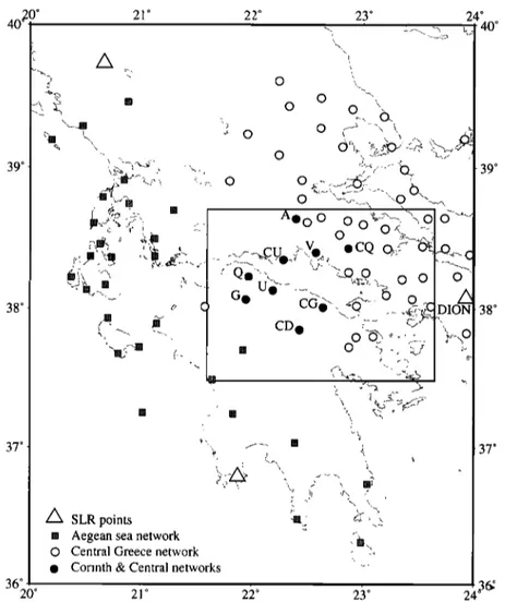 Figure 2.  Geodetic  networks  in central  Greece.  Triangles  are the satellite  laser  ranging  (SLR)  points