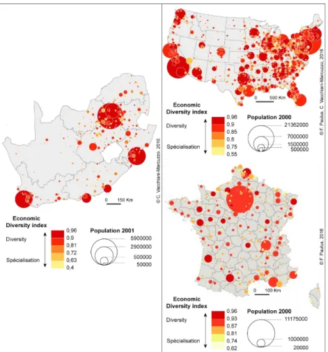 Figure 2. The economic diversity in three urban systems 