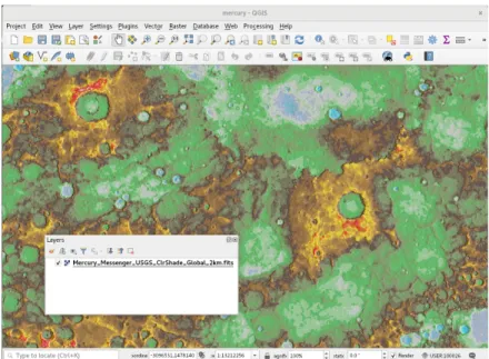 Fig. 5: A MESSENGER multispectral image of Mercury converted to GeoFITS format is directly  opened in QGIS and plotted on a coordinate grid through the updated GDAL library