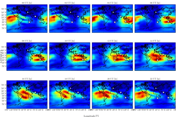 Fig. 2. GIMs representing the VTEC across the globe for April 11th, 2011 (the date of the first LOFAR observing campaign, see Sect