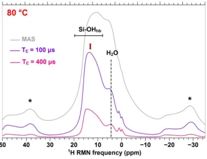 Figure 2 – (a) and (c)  1 H RMN spectra of bulk altered powder of glass A obtained in direct  acquisition (MAS) or by varying the echo delay (T E )