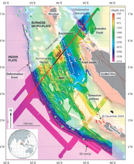 Figure 1. Map of the study area, bathymetry compiled from the data acquired by the British (Henstock et al