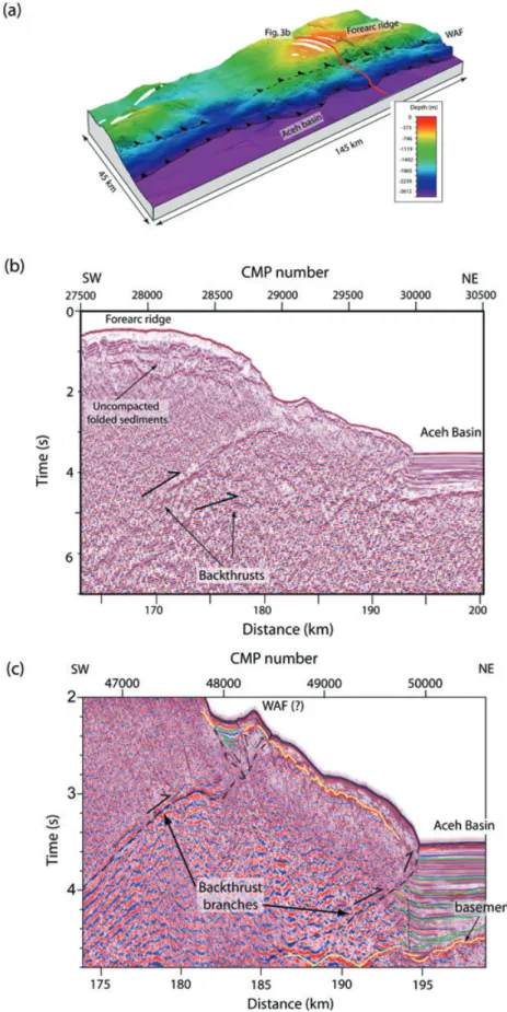 Figure 3. (a) 3-D perspective view of surface features related to backthrusting at the Sumatran forearc on bathymetry section, from SE Aceh basin