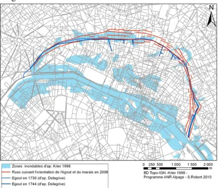 Fig. 1 : Résilience d’un paléoméandre de la Seine en rive droite à Paris, lisible aujourd’hui dans  la forme des rues (S