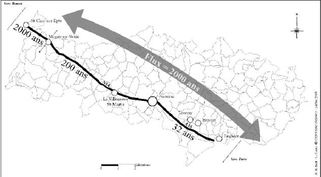 Fig. 2 : Résilience de l’itinéraire Paris-Rouen dans le Val-d’Oise. Le flux se maintient sur 2000  ans tout en s’appuyant sur des transformations constantes de tracés, et de viabilité qui rendent  possible l’adaptation de l’itinéraire dans le temps (Robert