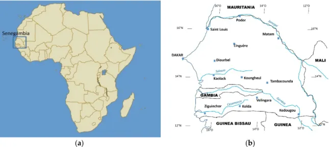 Figure 1. Location of Senegambia (a) and location of main rivers, boundaries, and rain gauge stations (b)