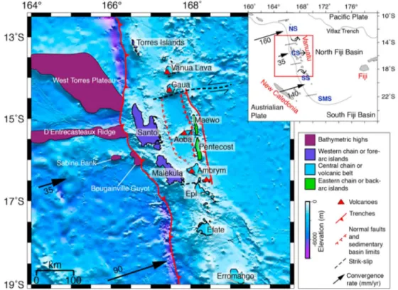 Figure 1. Overview of the Vanuatu subduction zone. Inset: the four segments of the arc de ﬁ ned by Louat and Pelletier (1989) and their GPS motions, NS = North Segment, CS = Central Segment, SS = South Segment, SMS =