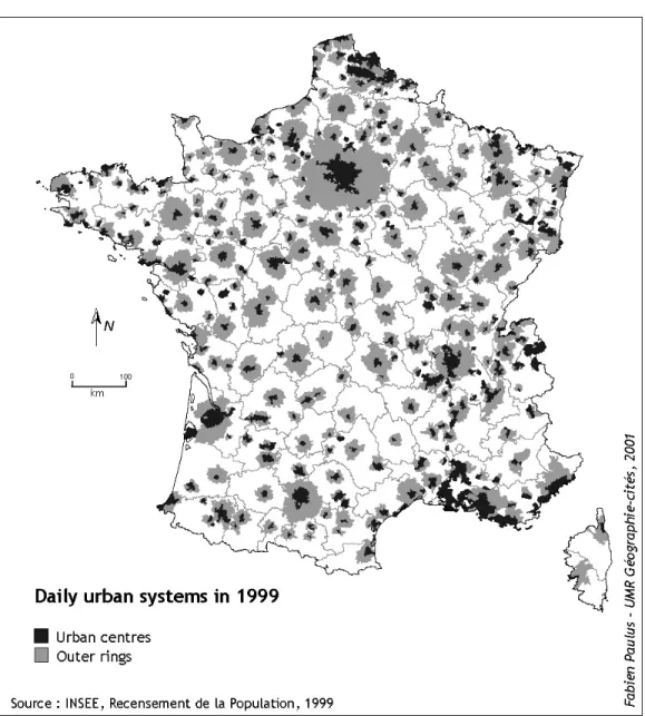 Figure 1: Urban centers and outer rings of the French ‘aires urbaines’ in 1999 