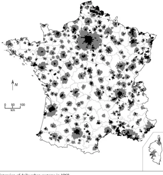 Figure 2 Spatial extension of ‘aires urbaines’ from 1968 to 1999 