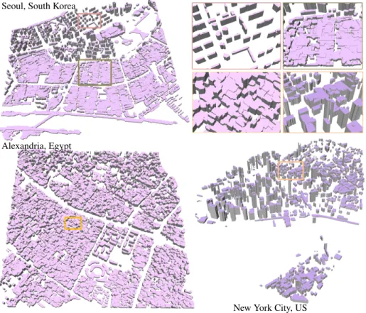 Fig. 10. Reconstruction of cities. Our algorithm performs on different types of urban landscapes, including dense downtown (top left), antique city (bottom left), and US downtown (bottom right).