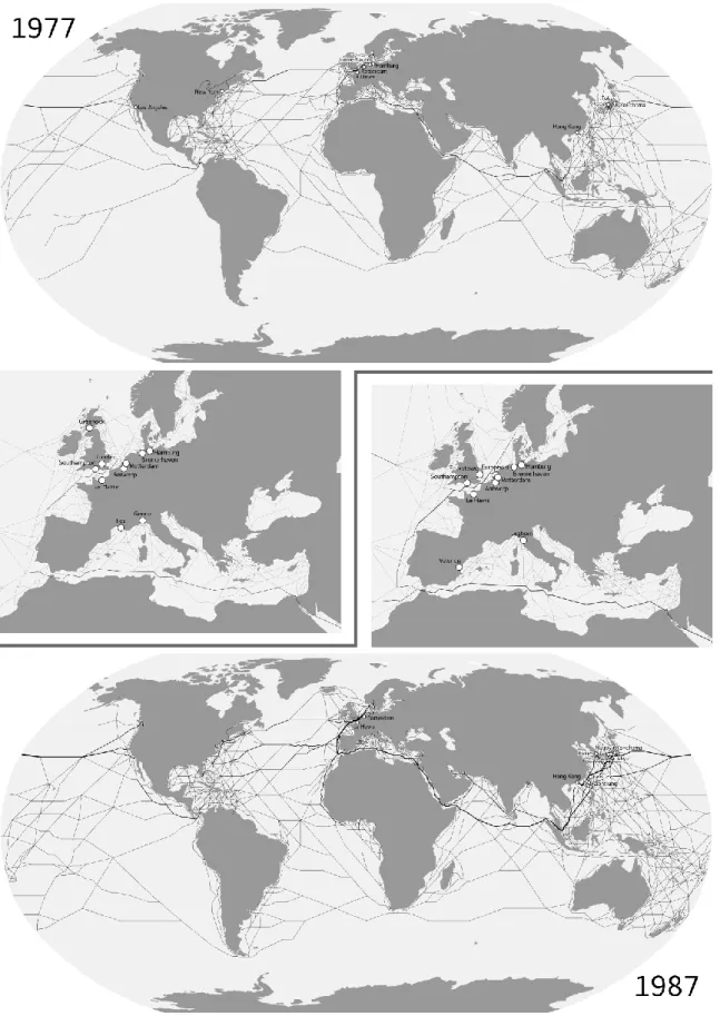 Figure 4: Spatial pattern of the global container shipping network, selected years, 1977-2016  Source: own elaboration based on LLI data 