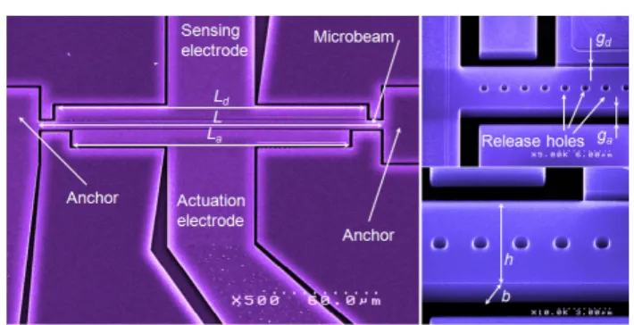 Fig. 1 SEM images of the fabricated resonator designed using a complete nonlinear model [7].
