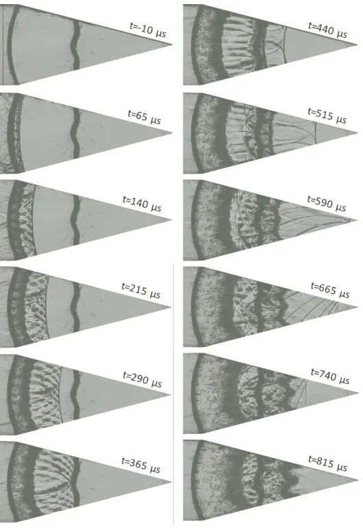 FIG. 2: Sequence of schlieren pictures (from run #961) showing the evolution of the converging Richtmyer-Meshkov instability at the SF 6 /air interface materialized by 2 layers of 0.5-µm-thick nitrocellulose membrane recovered in sandwich on a grid support