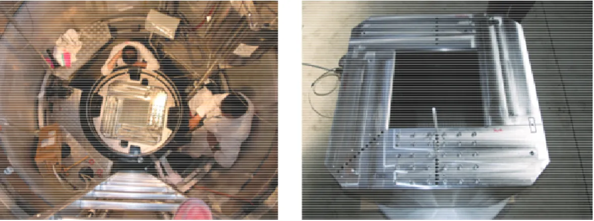 Figure 5: PERLE experiment in the EOLE facility (left); SS heavy reflector hollowed out to insert  measurement devices (right) 