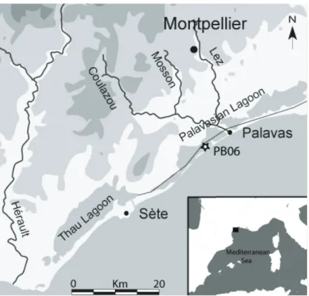 Figure 1  Map of the western Mediterranean Sea and the central part of the Gulf of Lion (south of France) with the location of PB06 core sampled in Pierre Blanche Lagoon (part of the Palavasian lagoonal complex).