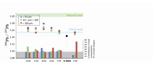 Figure 4. Isotopic Pb signature of the sieved bed sediments of the Orge River. RDS: road-side 