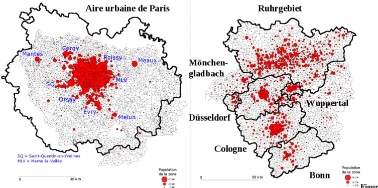 Figure  1 : Répartition de la population en Ile-de-France et dans la région Rhin-Ruhr