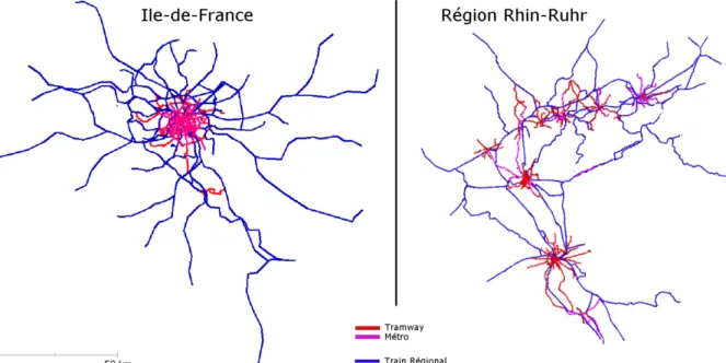 Figure 2 : Exemple de deux réseaux de transport organisés à différentes échelles spatiales : Ile-de-France (gauche) et  région Rhin-Ruhr (droite)