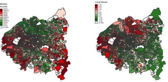 Fig. 1. Maps of Metropolitan Segregation. Maps show yearly median income on basic statistical units (IRIS) for the three departments constituting mainly the Great Paris metropolitan area, and the corresponding local Moran spatial autocorrelation index, def