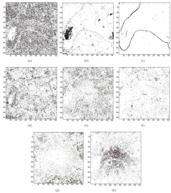 Fig. 7. Clusters obtained on the multi-spectral image of Paris: (a) cluster 1, (b) cluster 2, (c) cluster 3, (d) cluster 4, (e) cluster 5, (f) cluster 6, (g) cluster 7 and (h) cluster 8.
