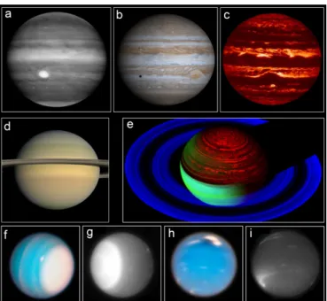 Figure 5. Vertical cloud structure in Saturn (left) and Uranus (right) from Voyager thermal profiles extended following a moist adiabat (dashed-line) and assuming 5 times solar abundance of condensable for Saturn and 30 times solar abundances for Uranus ex