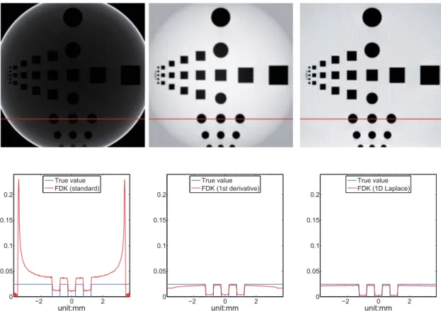 Figure 5. FOV reconstruction in case of truncated data with the red lines used for 1D numerical comparison.