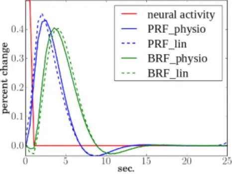 Fig. 2. Physiological responses generated with the physiological model, using param- param-eters proposed in [8]: neural activity ψ, physiological (h physio or BRF physio ) and  lin-earized (h lin or BRF lin ) BRFs, physiological (g physio or PRF physio ) 