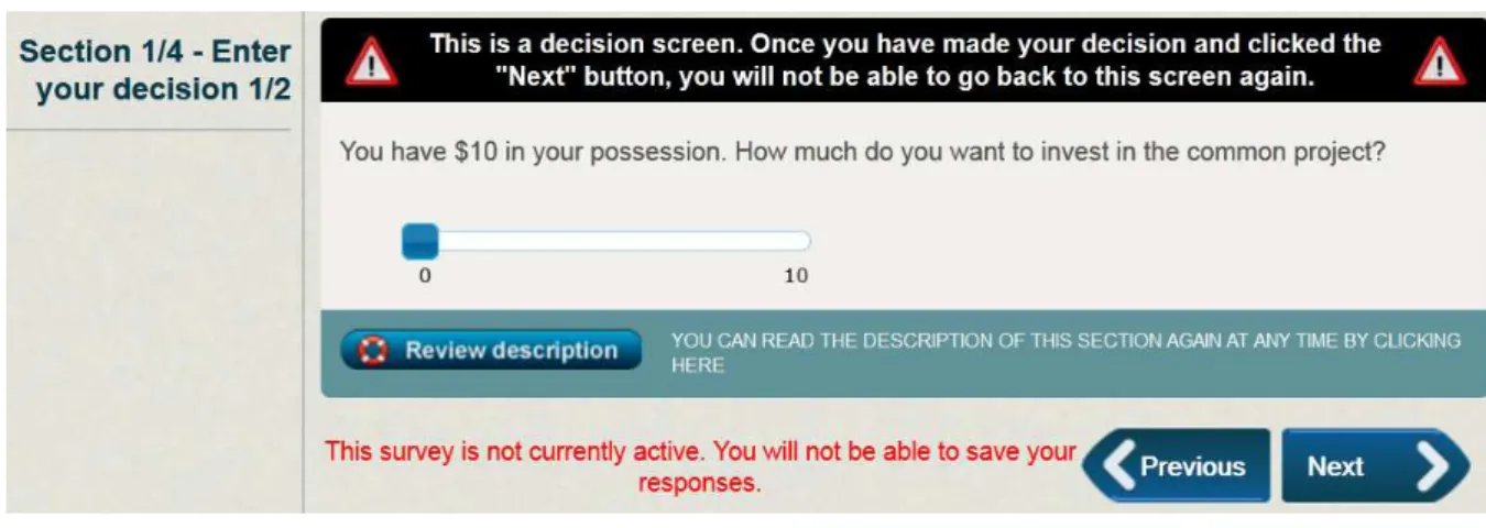 Figure 4.  Decision screen for the Public Good game 