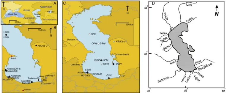 Fig. 1. Location maps. (A): Location of the Caspian Sea at the boarder between Europe and Asia