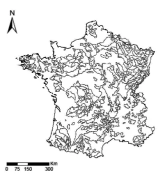 figure 1 : Carte des 609 bassins versants français utilisés  dans cette étude.