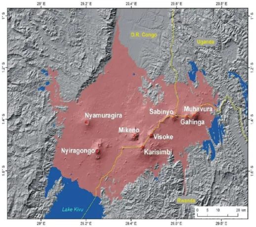 Figure 1 - Localisation de la chaîne volcanique des Virunga (Smets, 2013).  
