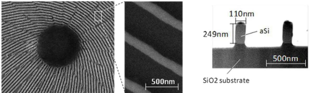 Fig. 2.  SEM image of the central region (left) and of a cross-section (FIB-slice) of the half-wave laboratory  prototype for creating radial polarization  