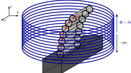 Figure 1: Schéma de la chaîne d’aimants cylindriques d’aimantation M, soumise à la gravité déstabilisante et à un champ magnétique stabilisant engendré par un solénoide.