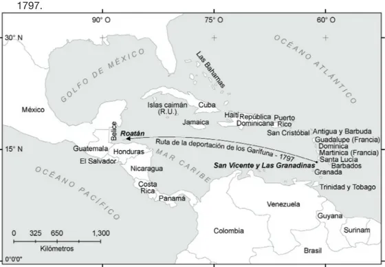 Figura 5.1. De San Vicente a Roatán. Ruta de la deportación garífuna en  1797. 